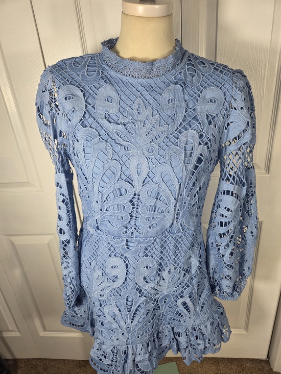 Aqua Dresses & Skirts - AQUA Blue Lace Mock Neck Long Sleeve Mini Dress Size L Romantic Ruffle Hem